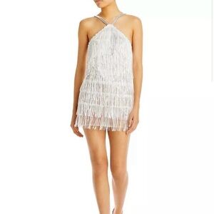 Bronx and Banco White & Silver Isle Tiered Fringe Rhinestone Halter Mini Dress M